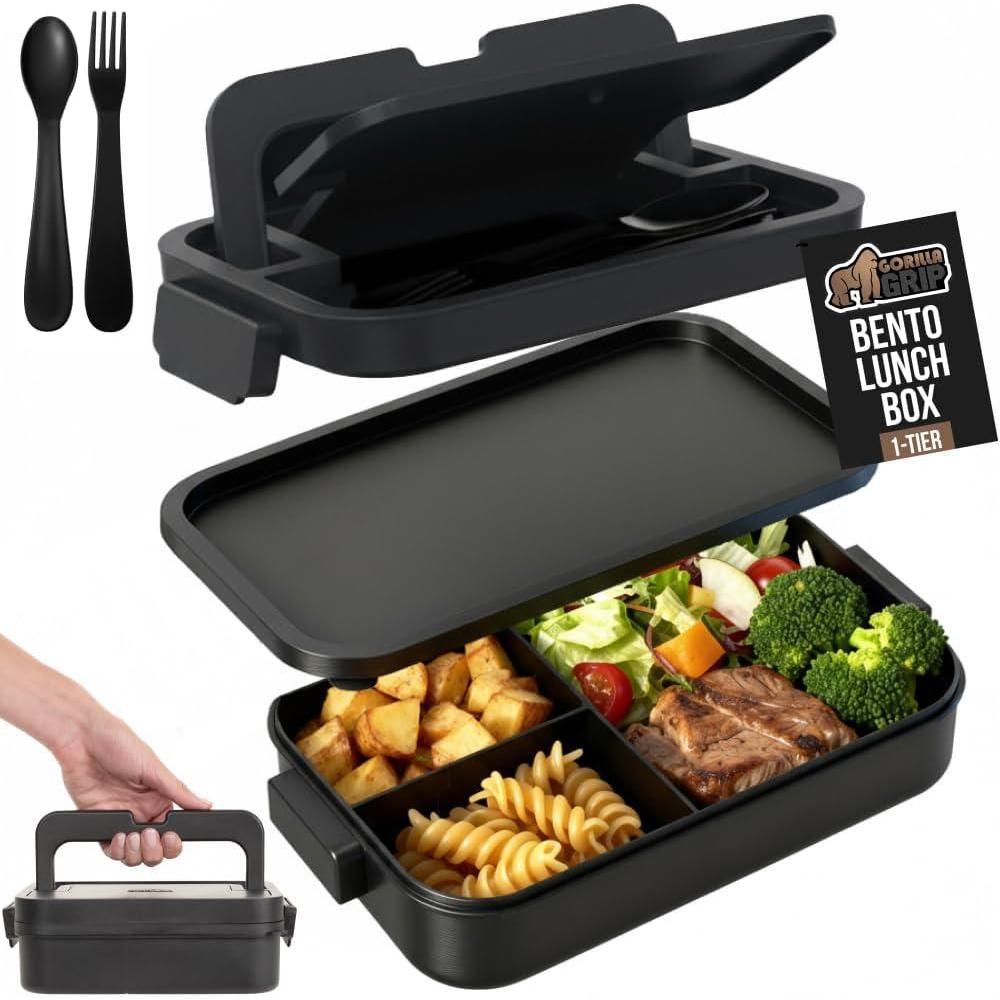 imageGORILLA GRIP BPAFree Leakproof Bento Lunch Box for Women Men Kids 2 Tier Style Onthego Easy to Carry Handle Microwave Safe Hot or Cold Food Container Lid Includes BuiltIn Utensil Set BlackBlack