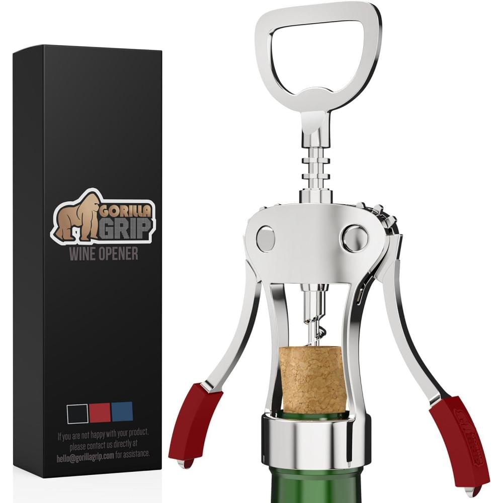imageGORILLA GRIP BPAFree Premium Wine Opener Heavy Duty Zinc Alloy Wing Corkscrew Multifunctional Bottle Openers Remove Corks Caps Easy Use Sharp Cork Screw Dishwasher Safe Holiday Essential BlackRed