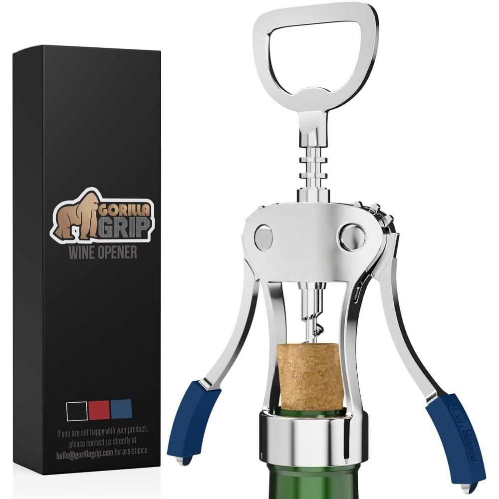 imageGORILLA GRIP BPAFree Premium Wine Opener Heavy Duty Zinc Alloy Wing Corkscrew Multifunctional Bottle Openers Remove Corks Caps Easy Use Sharp Cork Screw Dishwasher Safe Holiday Essential BlackBlue