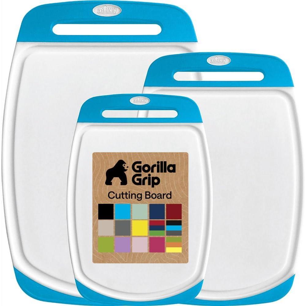 imageGORILLA GRIP BPAFree Reversible Kitchen Cutting Board Set of 3 US Designed Nonporous Juice Grooves Catch Liquid Slip Resistant Border Dishwasher Safe Durable Large Food Chopping Boards BlackAquaWhite