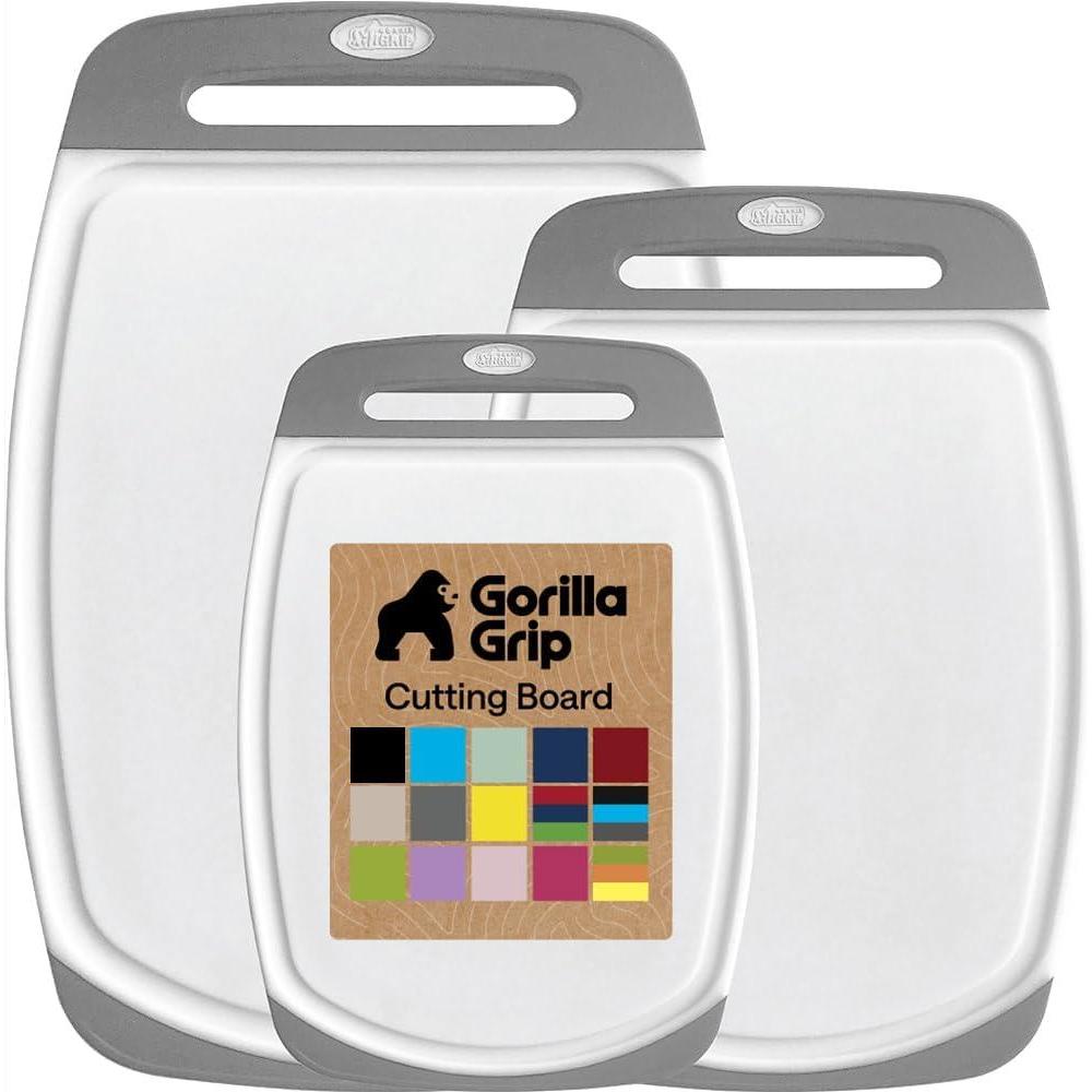 imageGORILLA GRIP BPAFree Reversible Kitchen Cutting Board Set of 3 US Designed Nonporous Juice Grooves Catch Liquid Slip Resistant Border Dishwasher Safe Durable Large Food Chopping Boards BlackGrayWhite
