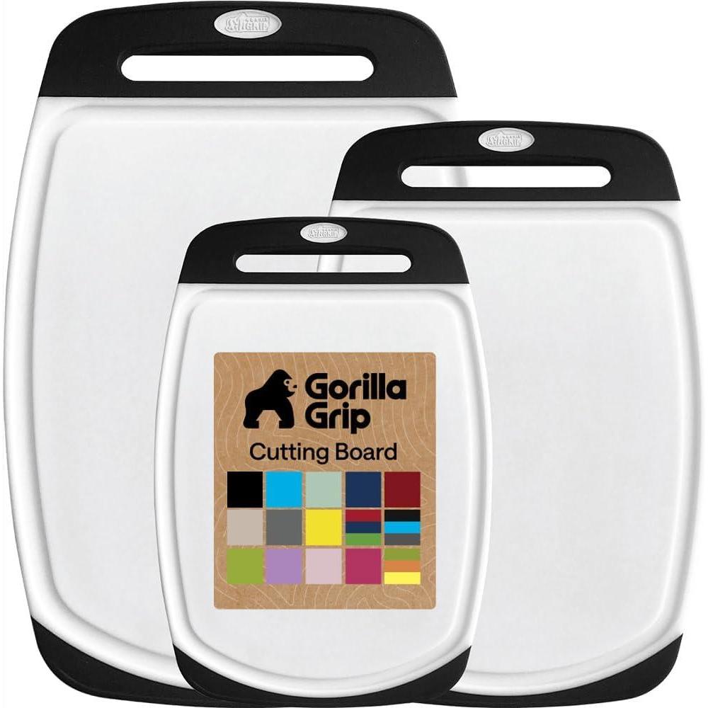 imageGORILLA GRIP BPAFree Reversible Kitchen Cutting Board Set of 3 US Designed Nonporous Juice Grooves Catch Liquid Slip Resistant Border Dishwasher Safe Durable Large Food Chopping Boards BlackBlackWhite