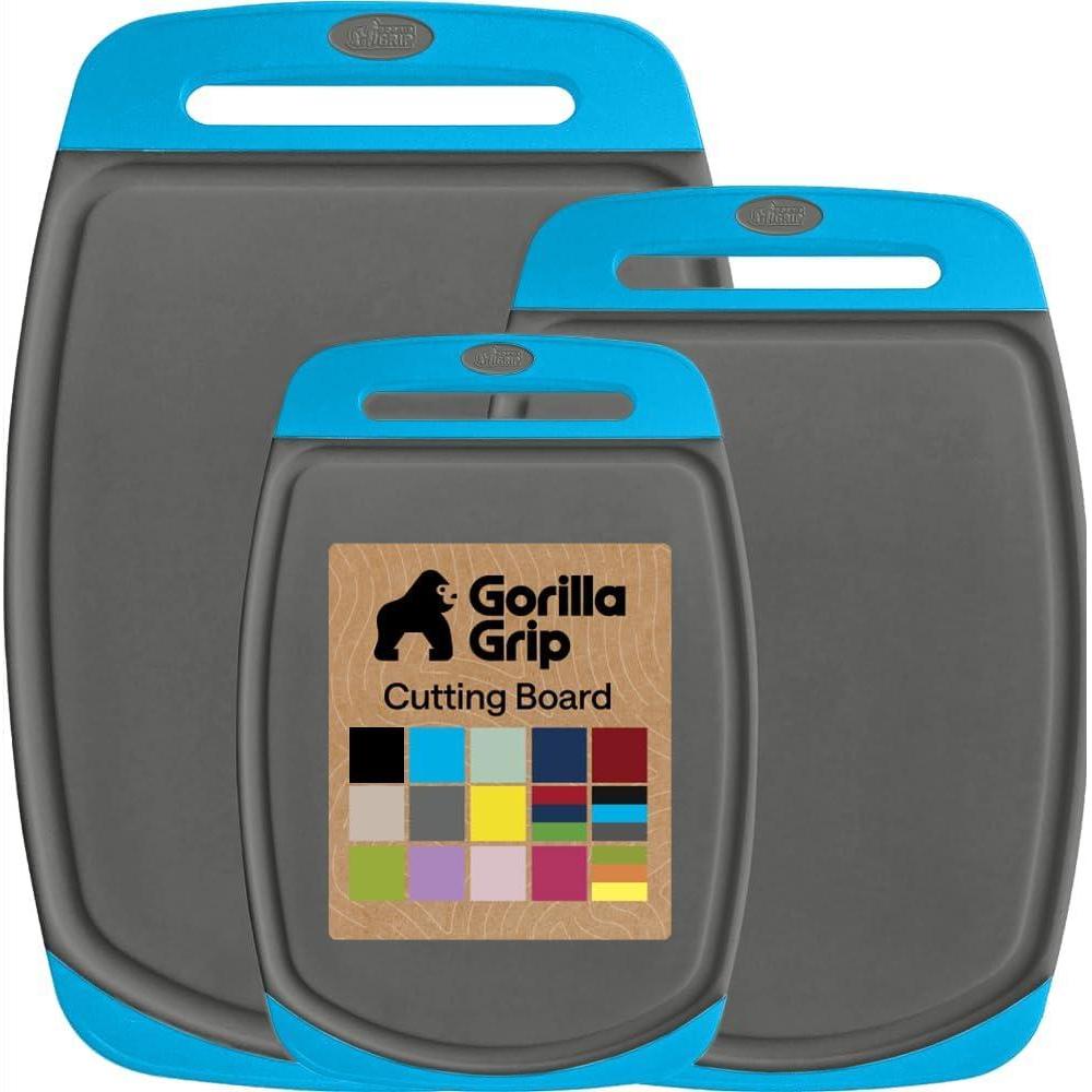 imageGORILLA GRIP BPAFree Reversible Kitchen Cutting Board Set of 3 US Designed Nonporous Juice Grooves Catch Liquid Slip Resistant Border Dishwasher Safe Durable Large Food Chopping Boards BlackGrayAqua