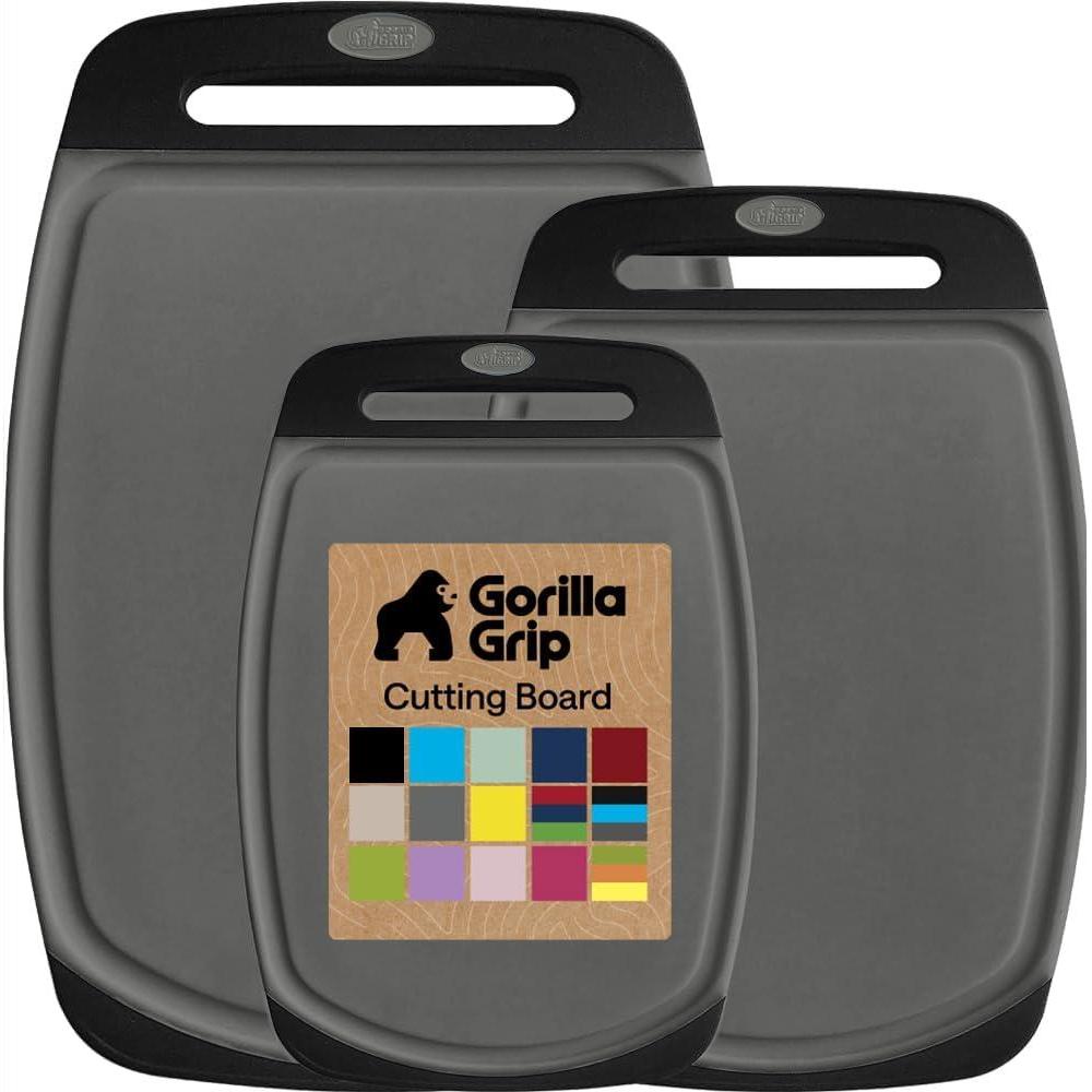 imageGORILLA GRIP BPAFree Reversible Kitchen Cutting Board Set of 3 US Designed Nonporous Juice Grooves Catch Liquid Slip Resistant Border Dishwasher Safe Durable Large Food Chopping Boards BlackGrayBlack