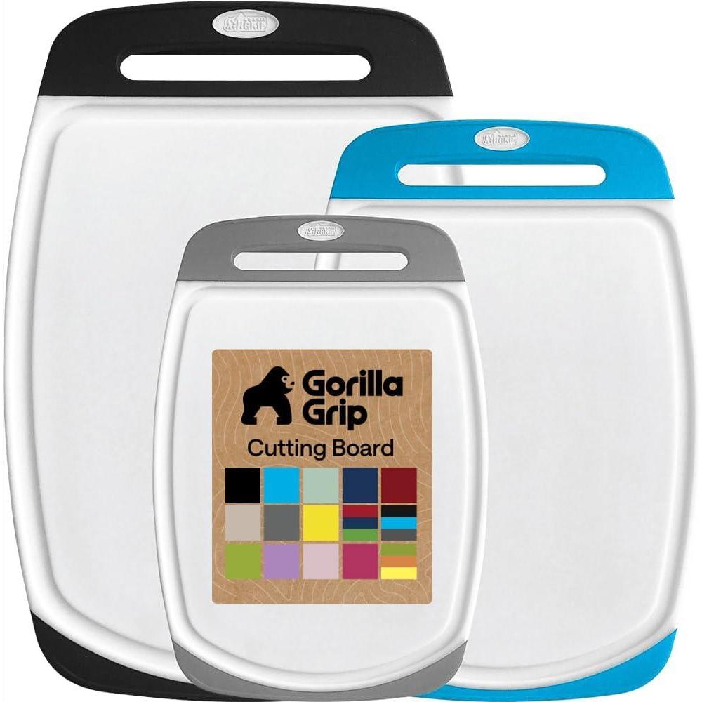 imageGORILLA GRIP BPAFree Reversible Kitchen Cutting Board Set of 3 US Designed Nonporous Juice Grooves Catch Liquid Slip Resistant Border Dishwasher Safe Durable Large Food Chopping Boards BlackGrayBlackAqua