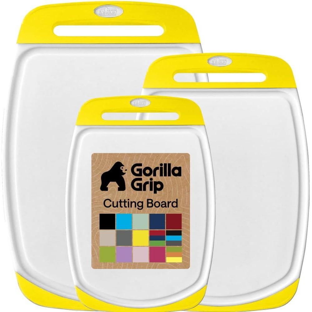imageGORILLA GRIP BPAFree Reversible Kitchen Cutting Board Set of 3 US Designed Nonporous Juice Grooves Catch Liquid Slip Resistant Border Dishwasher Safe Durable Large Food Chopping Boards BlackLemonWhite