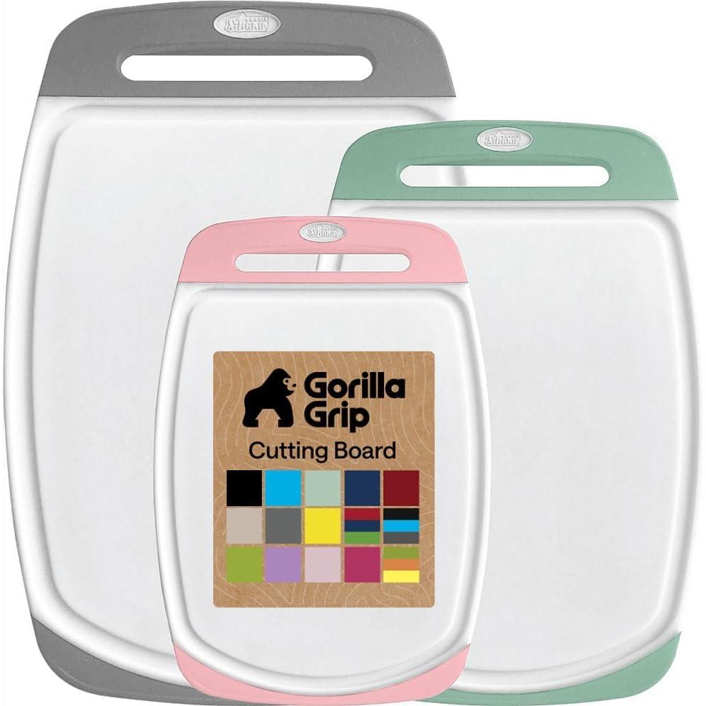 imageGORILLA GRIP BPAFree Reversible Kitchen Cutting Board Set of 3 US Designed Nonporous Juice Grooves Catch Liquid Slip Resistant Border Dishwasher Safe Durable Large Food Chopping Boards BlackGrayMintLight Pink
