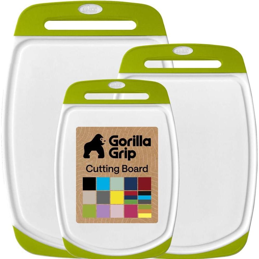 imageGORILLA GRIP BPAFree Reversible Kitchen Cutting Board Set of 3 US Designed Nonporous Juice Grooves Catch Liquid Slip Resistant Border Dishwasher Safe Durable Large Food Chopping Boards BlackLimeWhite