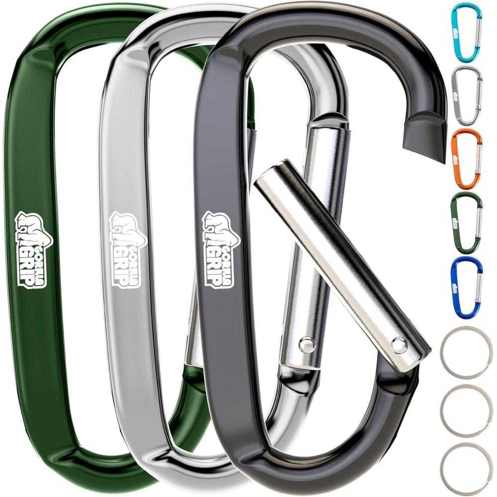 imageGORILLA GRIP Carabiner Clip 3 D Ring Heavy Duty Aluminum Key Holder Clips Hold 170lbs Rust ScratchResistant Camping Essentials Hiking Gear Tactical Backpacking KeychainsBlackSilverHunter Green