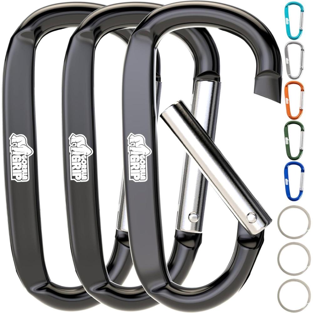 imageGORILLA GRIP Carabiner Clip 3 D Ring Heavy Duty Aluminum Key Holder Clips Hold 170lbs Rust ScratchResistant Camping Essentials Hiking Gear Tactical Backpacking KeychainsBlack