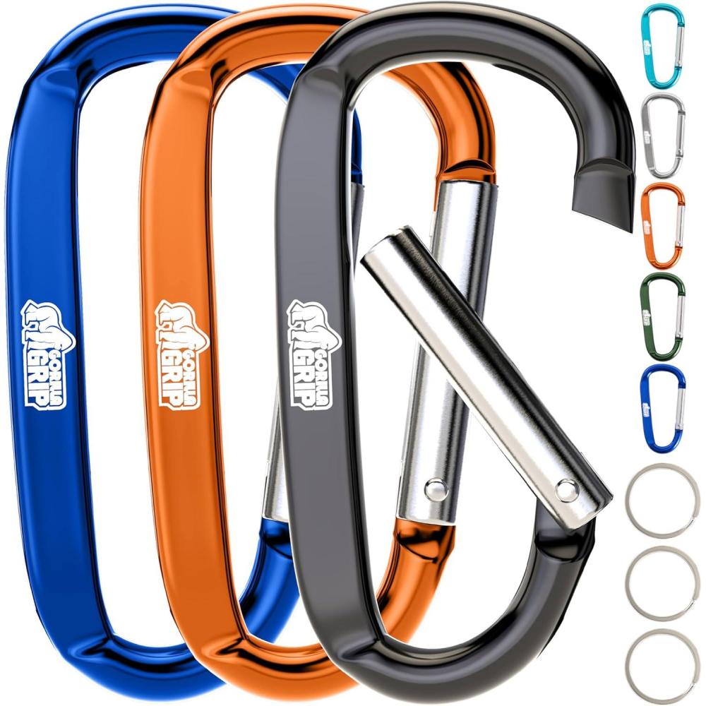 imageGORILLA GRIP Carabiner Clip 3 D Ring Heavy Duty Aluminum Key Holder Clips Hold 170lbs Rust ScratchResistant Camping Essentials Hiking Gear Tactical Backpacking KeychainsBlackOrangeBlue