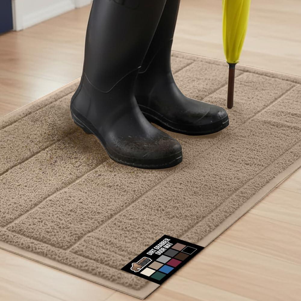 imageGORILLA GRIP Dirt Grabber Mesh Doormat LowProfile Stain and Fade Resistant Heavy Duty Quick Dry Striped Doormats Mats for Indoor or Outdoor Entry Shoe Scraper Garage Entrance Mat 47x35 Dark GrayBeige