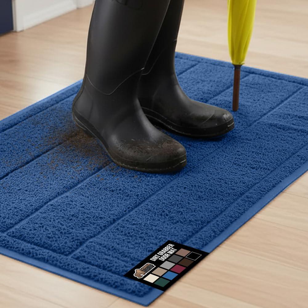 imageGORILLA GRIP Dirt Grabber Mesh Doormat LowProfile Stain and Fade Resistant Heavy Duty Quick Dry Striped Doormats Mats for Indoor or Outdoor Entry Shoe Scraper Garage Entrance Mat 47x35 Dark GrayBlue