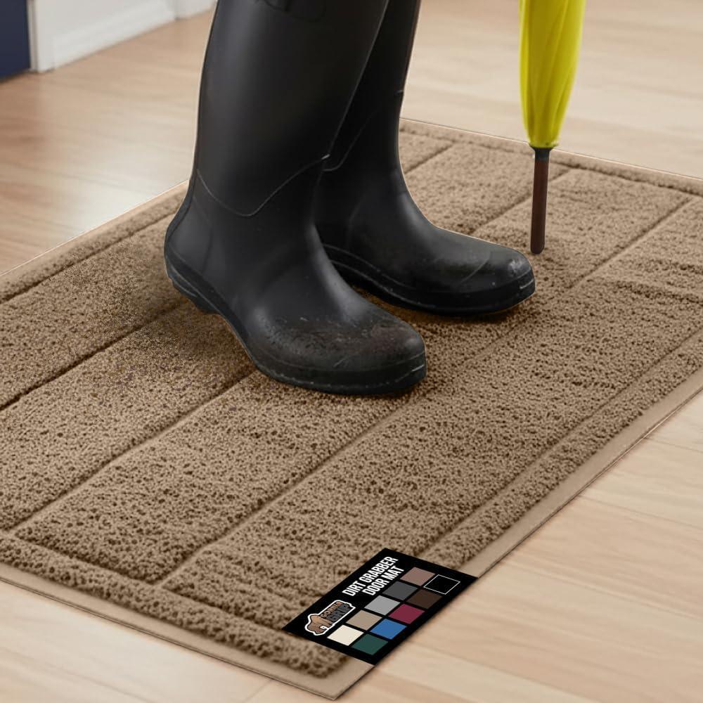 imageGORILLA GRIP Dirt Grabber Mesh Doormat LowProfile Stain and Fade Resistant Heavy Duty Quick Dry Striped Doormats Mats for Indoor or Outdoor Entry Shoe Scraper Garage Entrance Mat 47x35 Dark GrayTaupe