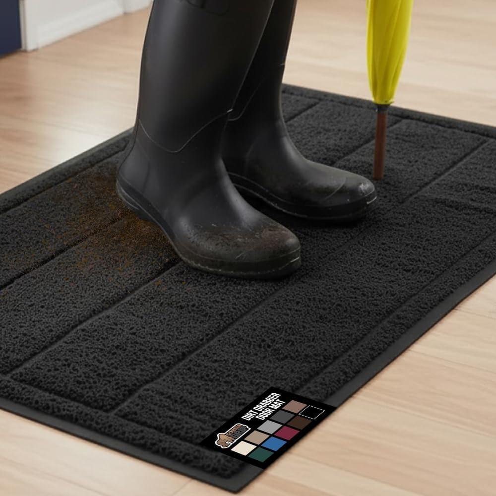 imageGORILLA GRIP Dirt Grabber Mesh Doormat LowProfile Stain and Fade Resistant Heavy Duty Quick Dry Striped Doormats Mats for Indoor or Outdoor Entry Shoe Scraper Garage Entrance Mat 47x35 Dark GrayBlack