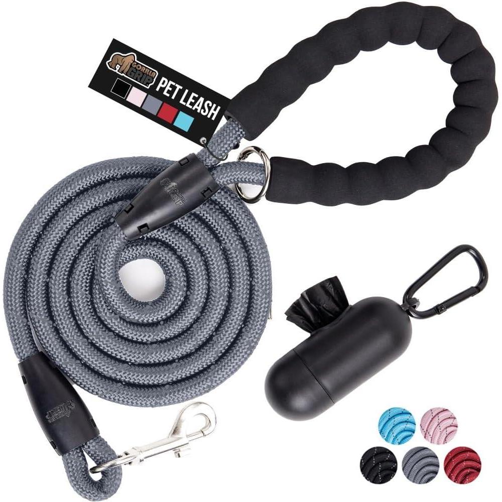 imageGORILLA GRIP Dog Leash Heavy Duty Reflective Rope Leashes for Large Medium Small Breed Dogs Puppy Training Essential for Walks Hikes Soft Handle Rotating Metal Clip Waste Bag Dispenser BlueGray