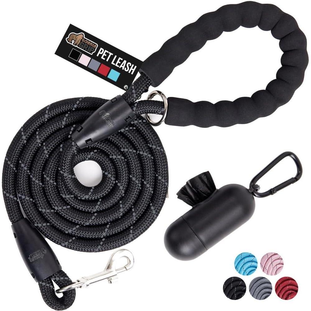imageGORILLA GRIP Dog Leash Heavy Duty Reflective Rope Leashes for Large Medium Small Breed Dogs Puppy Training Essential for Walks Hikes Soft Handle Rotating Metal Clip Waste Bag Dispenser BlueBlack