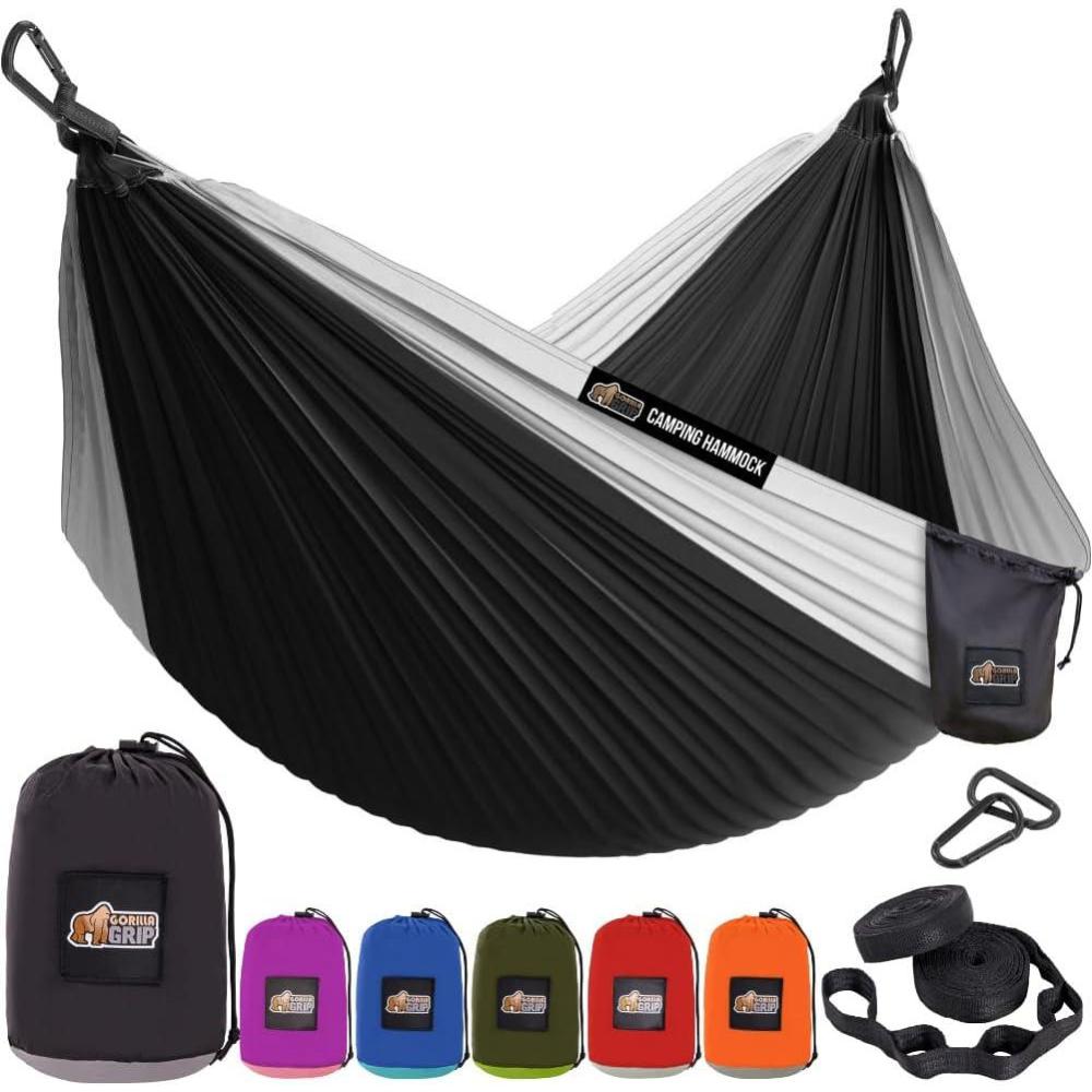 imageGORILLA GRIP Durable Camping Hammock with Heavy Duty Tree Straps Portable Hammocks for Outside Easy to Use Travel Swing Chair Outdoor Camper Hiker Essentials Backpacking Gear Gifts Single BlueBlackGrey