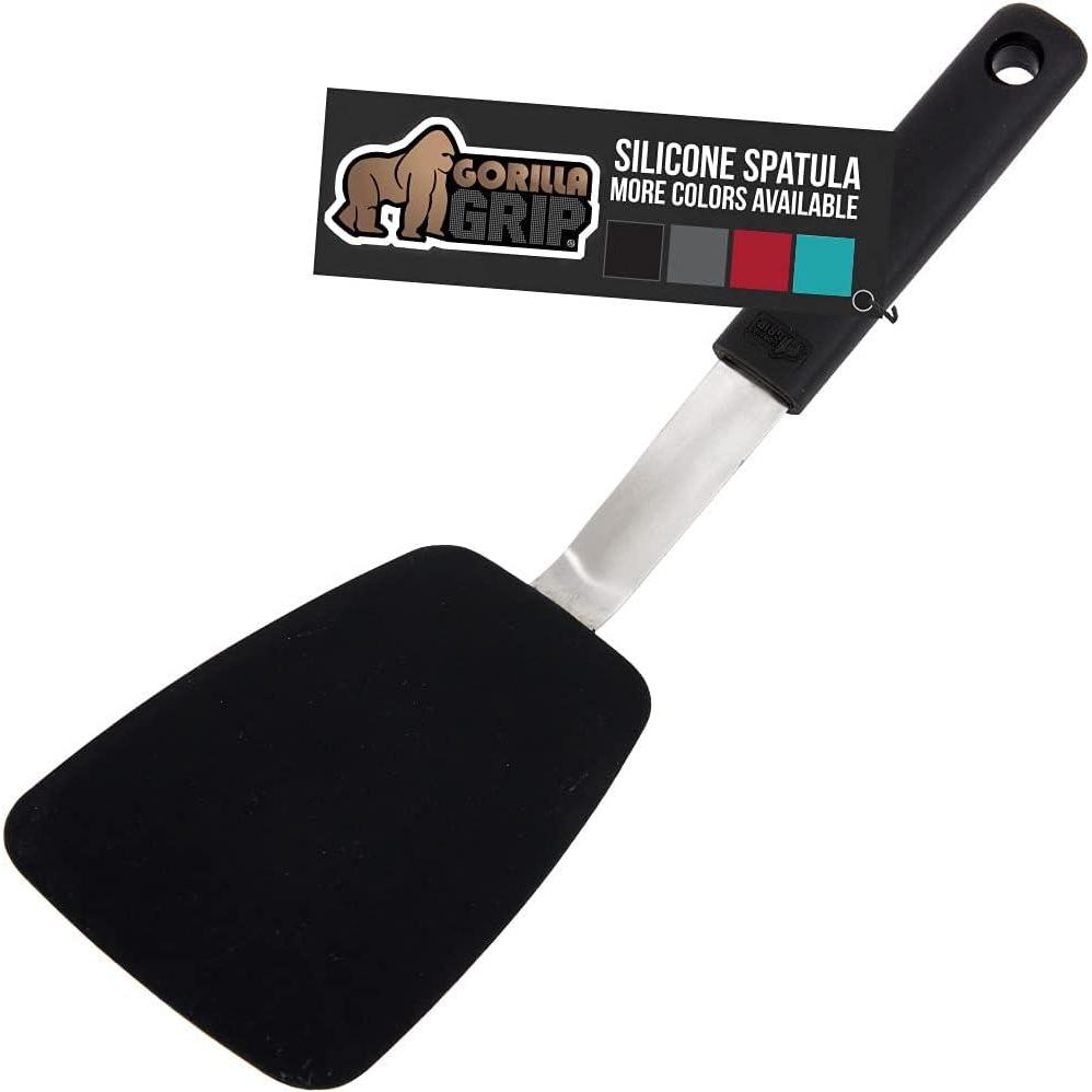 imageGORILLA GRIP Food Grade Flexible Silicone Spatula Heat Resistant Head for Nonstick Frying Pan Patented Soft Rubber Handle for Comfort NonScratch Kitchen Turner Flip Eggs Burgers 116 in BlackBlack
