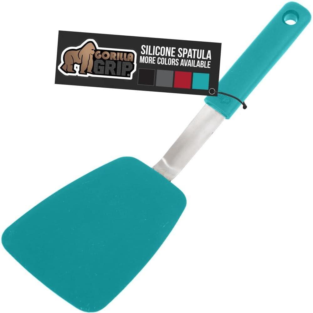 imageGORILLA GRIP Food Grade Flexible Silicone Spatula Heat Resistant Head for Nonstick Frying Pan Patented Soft Rubber Handle for Comfort NonScratch Kitchen Turner Flip Eggs Burgers 116 in BlackTurquoise