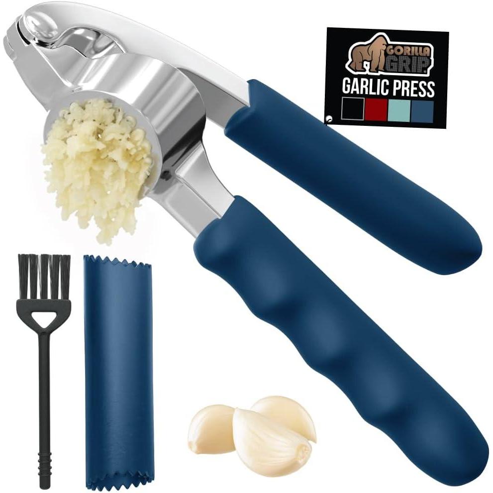 imageGORILLA GRIP Garlic Press and Peel Set Heavy Duty Mincer Tool Large Ergonomic Handle Easily Mince and Crush Garlics Ginger Nuts Seeds Peeler Included Peeling Cloves Kitchen Gadgets BlackBlue