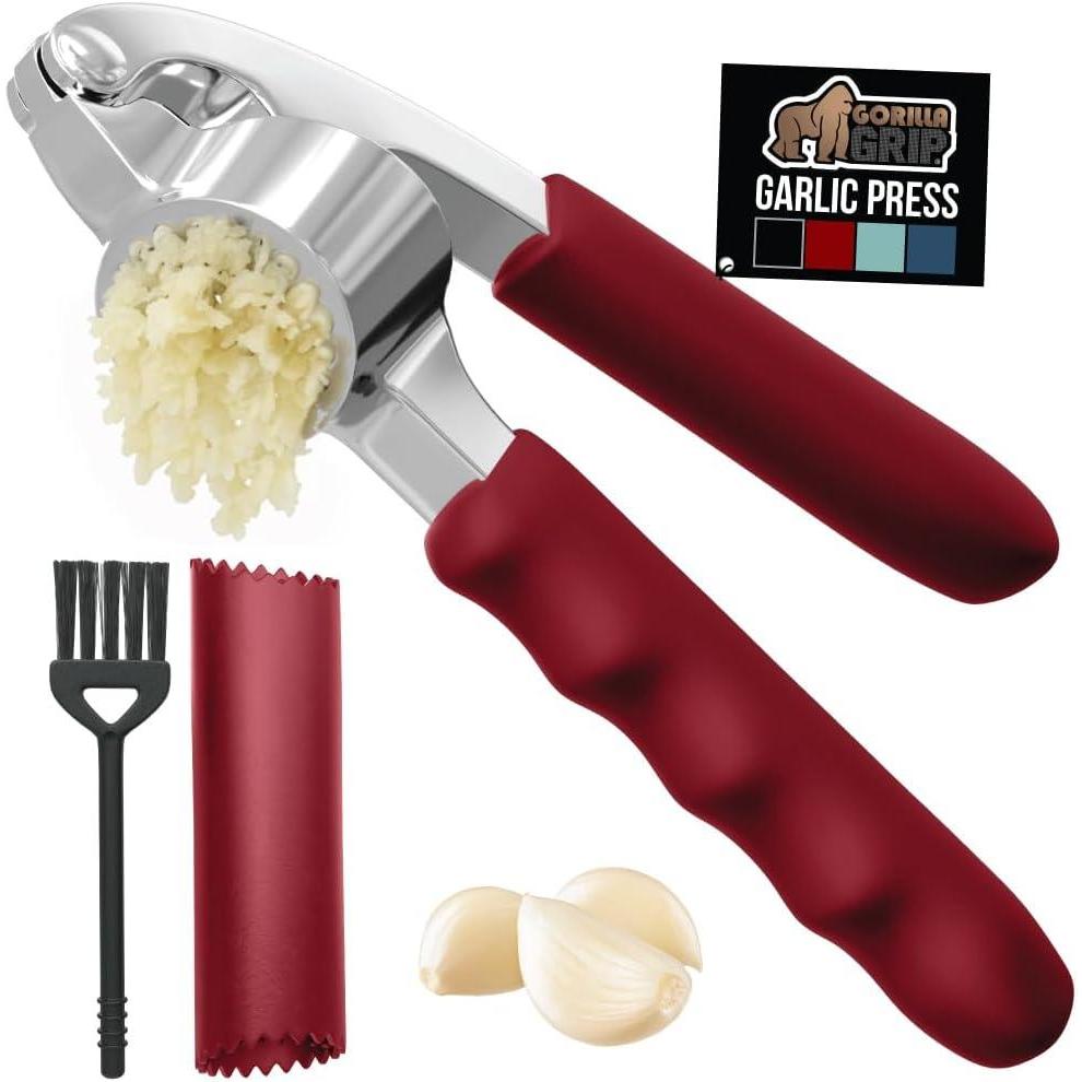 imageGORILLA GRIP Garlic Press and Peel Set Heavy Duty Mincer Tool Large Ergonomic Handle Easily Mince and Crush Garlics Ginger Nuts Seeds Peeler Included Peeling Cloves Kitchen Gadgets BlackRed