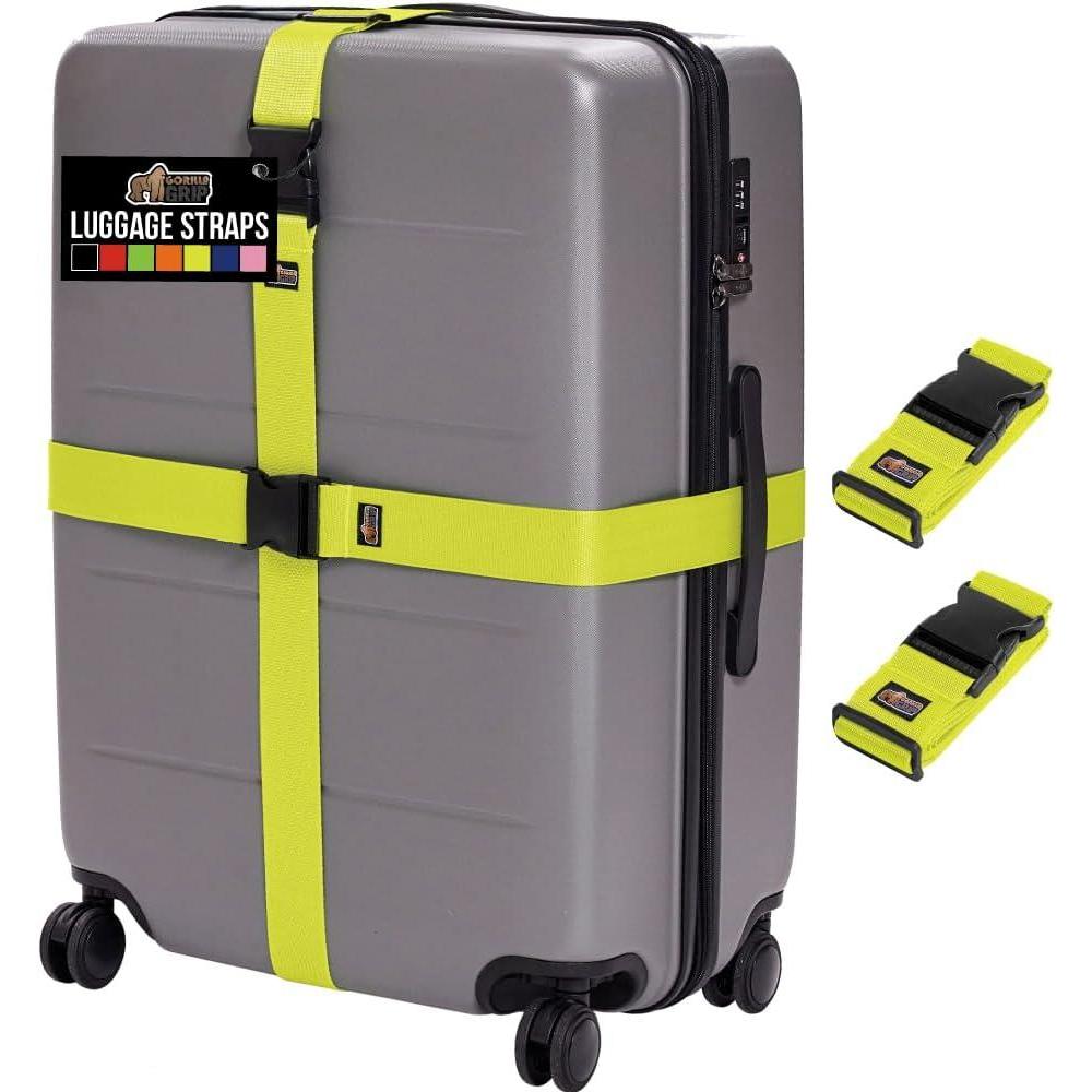 imageGORILLA GRIP Heavy Duty 4 Pack Adjustable Luggage Straps for Suitcases Easy to Identify Travel Belt Connector Holds Suitcase Together Extends Life of Bag Strap Connects Two Bags Accessories BlueYellow