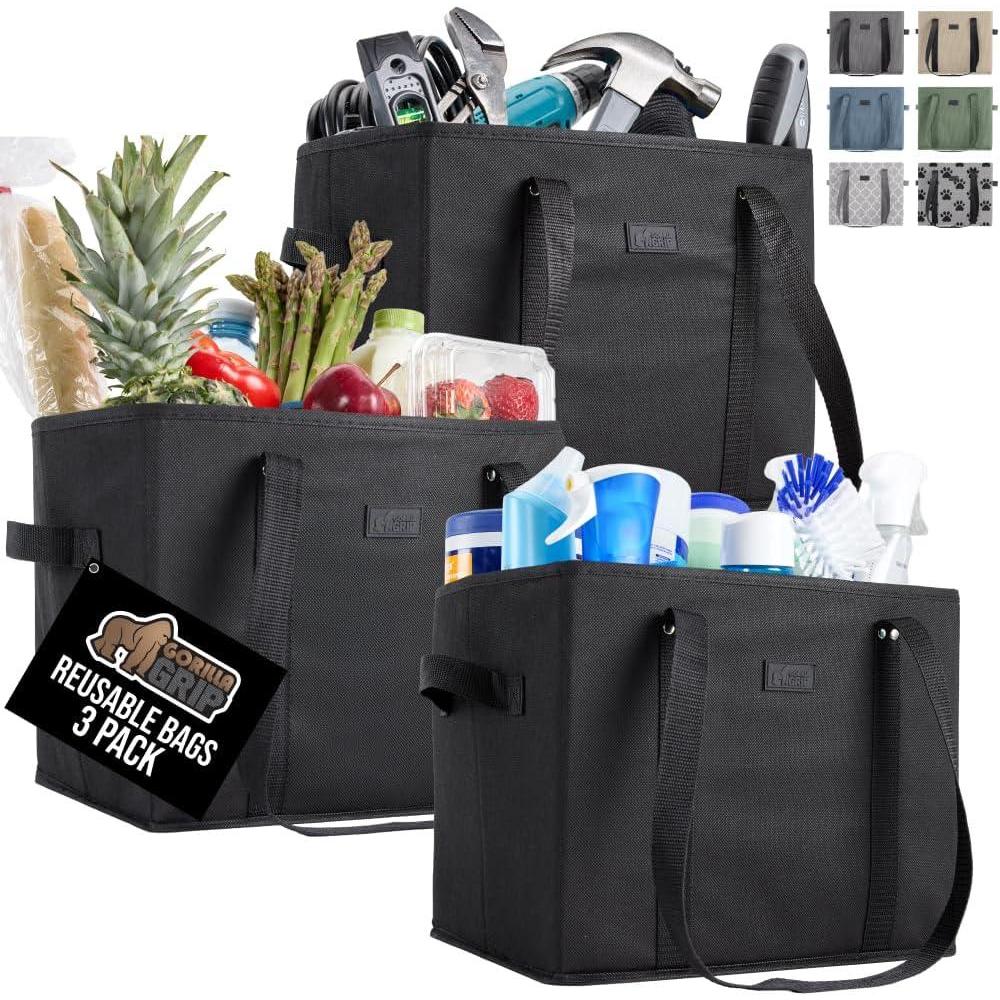 imageGORILLA GRIP Heavy Duty Foldable Reusable Grocery Bags Transport Heavy Groceries to Car 3 Pack Tear Resistant Box Shape Shopping Tote with Strong Handles Grip Feet Bottom 13x10x11 Black