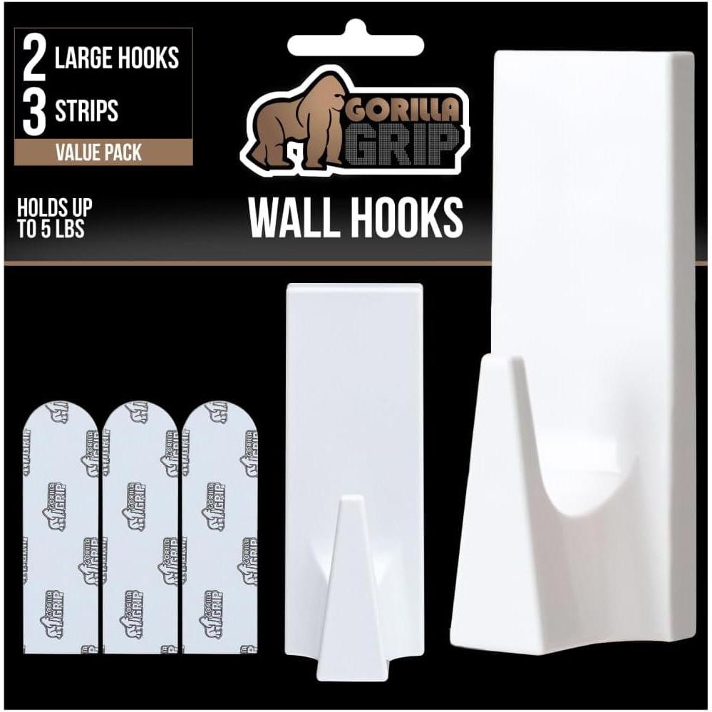 imageGORILLA GRIP Heavy Duty Reusable Wall Hooks for Hanging Strong Easy Install Stick on Removable Adhesive Hook No Nail Damage Multisurface Use for Christmas Decorations 5 Pack and 7 Strips PlasticWhite