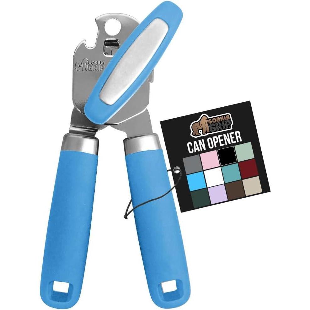 imageGORILLA GRIP Heavy Duty Stainless Steel Smooth Edge Manual Can Opener and Bottle Openers Soft Comfortable Handle Oversized Handheld Turn Knob US Designed Multifunctional Kitchen Tool BlackAqua