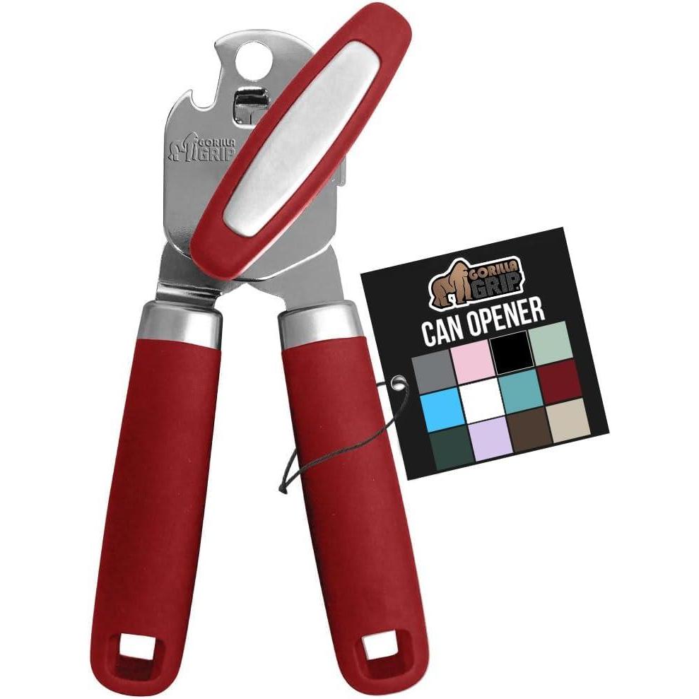 imageGORILLA GRIP Heavy Duty Stainless Steel Smooth Edge Manual Can Opener and Bottle Openers Soft Comfortable Handle Oversized Handheld Turn Knob US Designed Multifunctional Kitchen Tool BlackRed