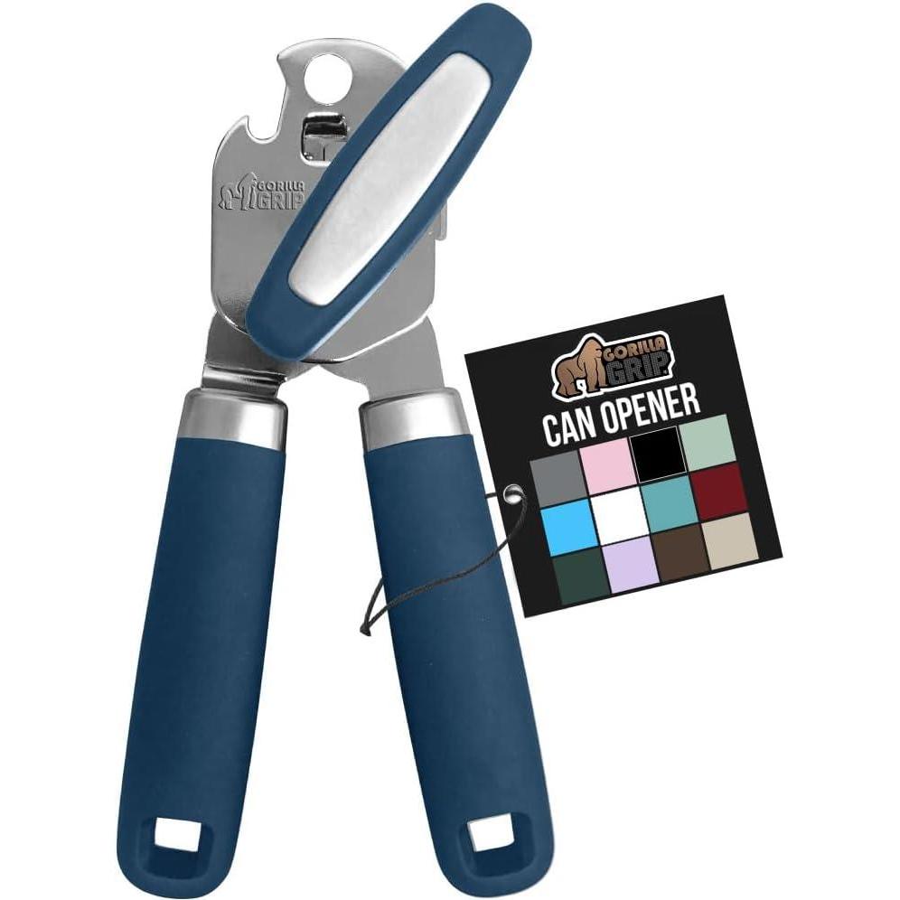 imageGORILLA GRIP Heavy Duty Stainless Steel Smooth Edge Manual Can Opener and Bottle Openers Soft Comfortable Handle Oversized Handheld Turn Knob US Designed Multifunctional Kitchen Tool BlackBlue