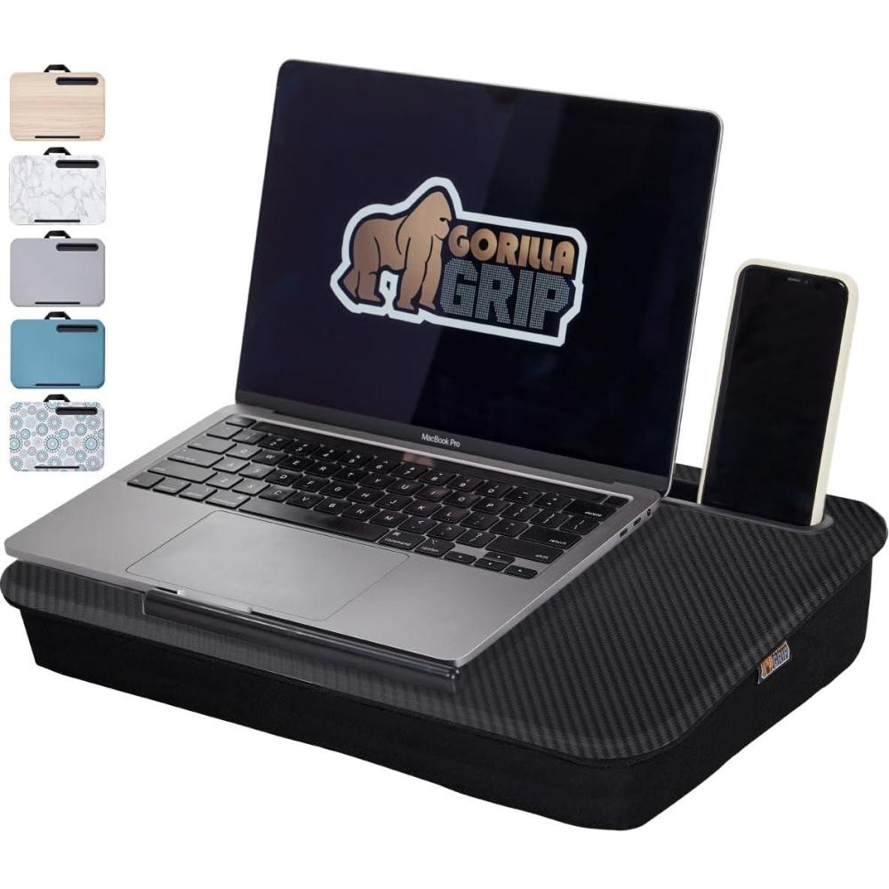 imageGORILLA GRIP Laptop Lap Desk with Phone Holder Pillow Cushion Desks Fit Laptops up to 156 Gifts for Home Portable Travel Workstation Tray Ledge Keep Computers in Place Light Wood ColorBlack