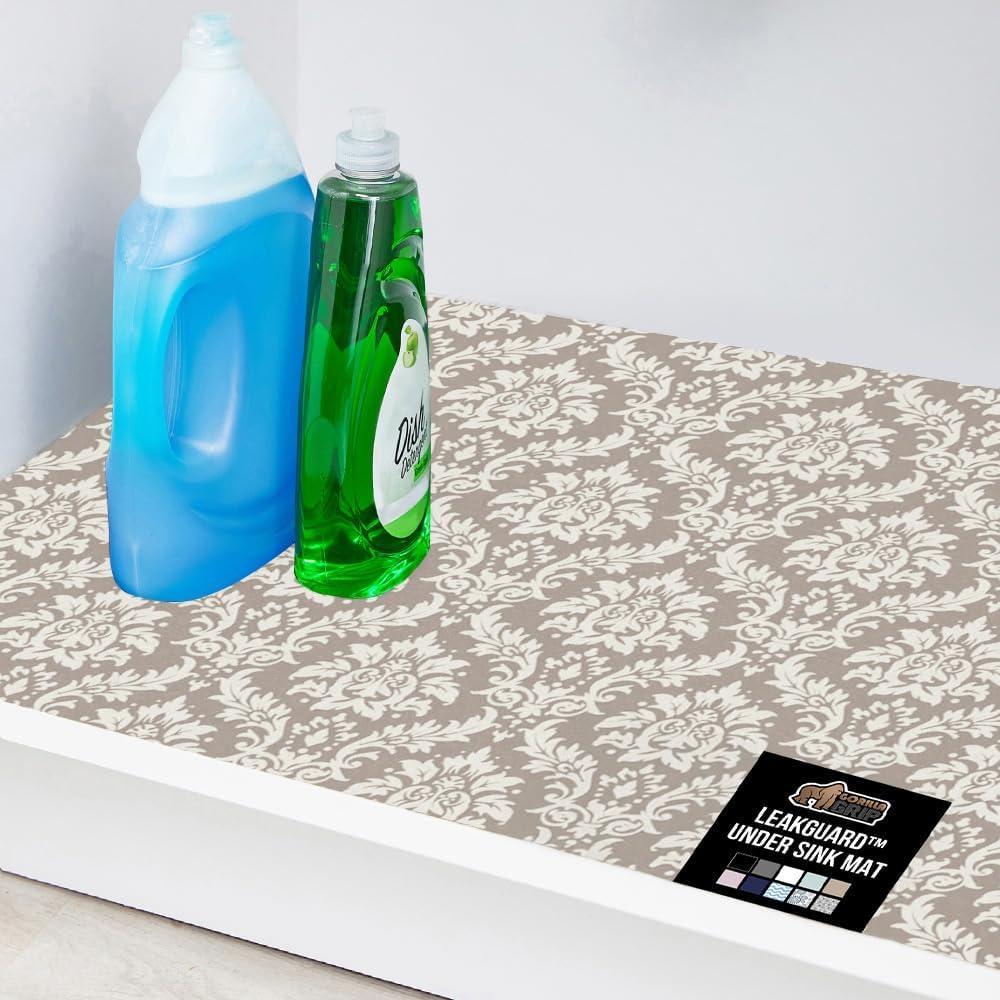 imageGORILLA GRIP LeakGuard NonAdhesive Under Sink Mat for Kitchen Cabinet Waterproof Quick Dry Shelf Liner Durable Absorbent Felt Mats for Bathroom Sinks Cabinets Dresser Easy to Trim 24x30 CharcoalDamask TaupeCream