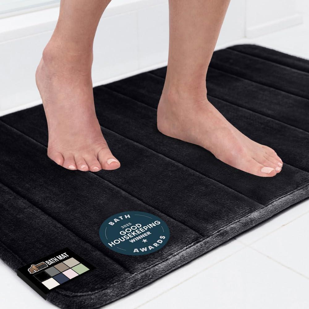 imageGORILLA GRIP Memory Foam Bath Mat Soft Absorbent US Designed Bathroom Rug Gripping Dots Machine Washable Bathmat Cushioned Floor Mats Shower Sink Rugs Room Dcor Accessories 24x17 Graphite GrayStriped Black