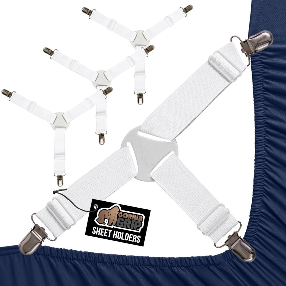imageGORILLA GRIP Patent Pending Bed Sheet Holders Adjustable Elastic Fasteners with Metal Clips Keep in Place Fitted Bedding Straps Firm Tight Suspenders for Mattress US Designed 4 Pack WhiteWhite