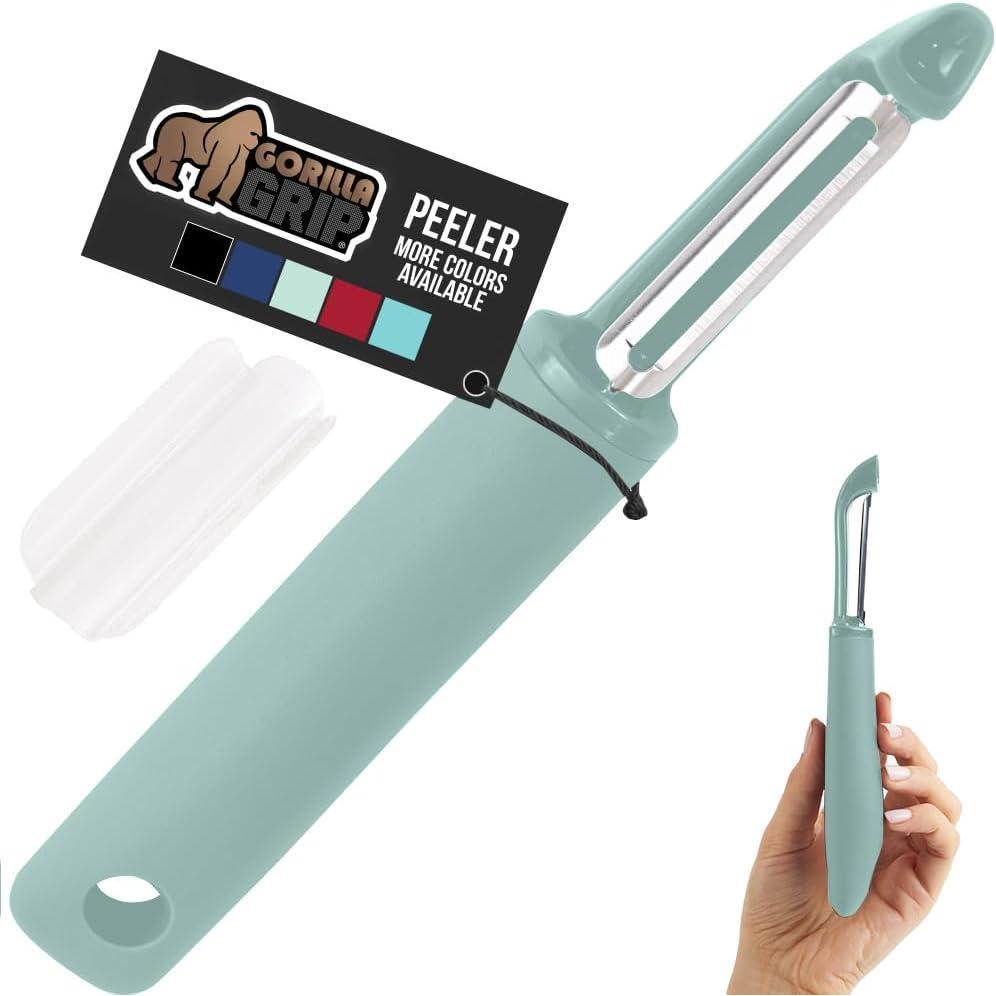 imageGORILLA GRIP Patented BPAFree Sharp Stainless Steel Dual Swivel Vegetable Peeler Soft Comfortable Handle Smoothly Peel Apples Potatoes Carrots Includes Blade Cover Holiday Prep Essentials BlackMint