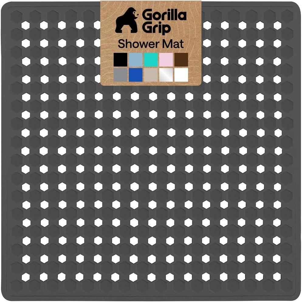 imageGORILLA GRIP Patented Square Shower Stall Mat Small Bathtub Floor Mats for Stand Up Showers with Suction Cups and Drainage Holes Machine Wash Soft on Feet Bathroom Accessories 21x21 Inch ClearCharcoal Opaque