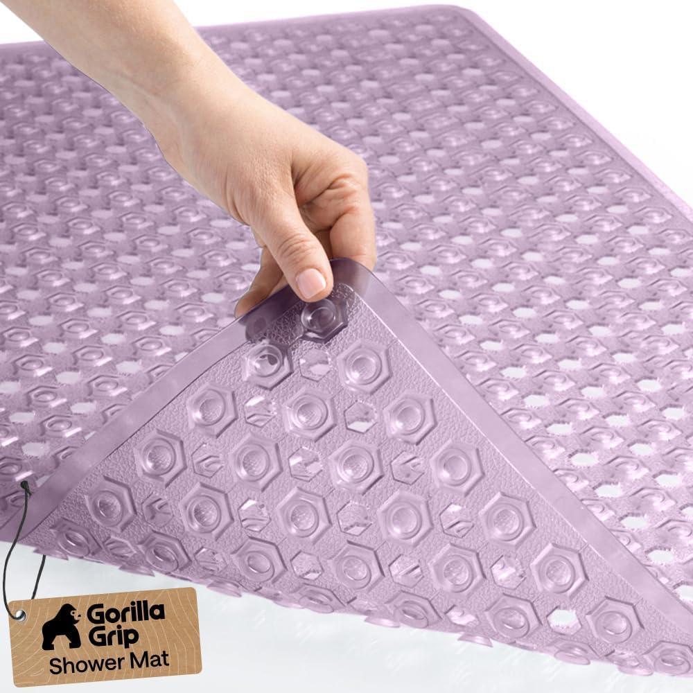 imageGORILLA GRIP Patented Square Shower Stall Mat Small Bathtub Floor Mats for Stand Up Showers with Suction Cups and Drainage Holes Machine Wash Soft on Feet Bathroom Accessories 21x21 Inch ClearPurple Translucent