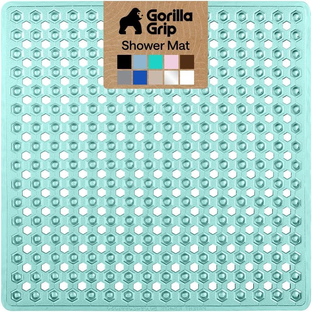 imageGORILLA GRIP Patented Square Shower Stall Mat Small Bathtub Floor Mats for Stand Up Showers with Suction Cups and Drainage Holes Machine Wash Soft on Feet Bathroom Accessories 21x21 Inch ClearGreen Translucent