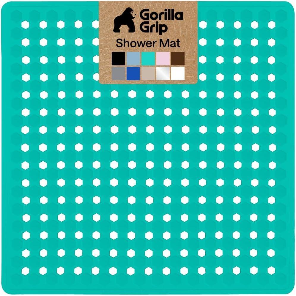imageGORILLA GRIP Patented Square Shower Stall Mat Small Bathtub Floor Mats for Stand Up Showers with Suction Cups and Drainage Holes Machine Wash Soft on Feet Bathroom Accessories 21x21 Inch ClearTurquoise Opaque