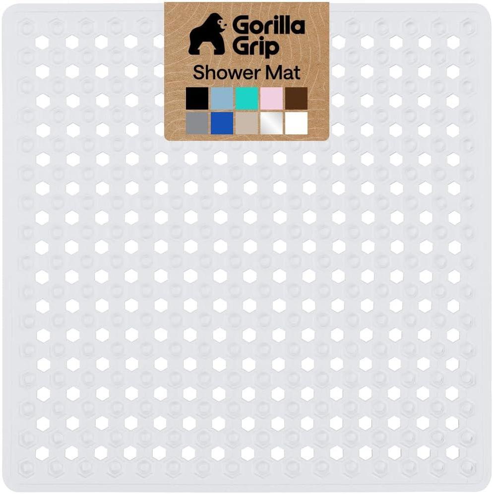 imageGORILLA GRIP Patented Square Shower Stall Mat Small Bathtub Floor Mats for Stand Up Showers with Suction Cups and Drainage Holes Machine Wash Soft on Feet Bathroom Accessories 21x21 Inch ClearWhite Opaque