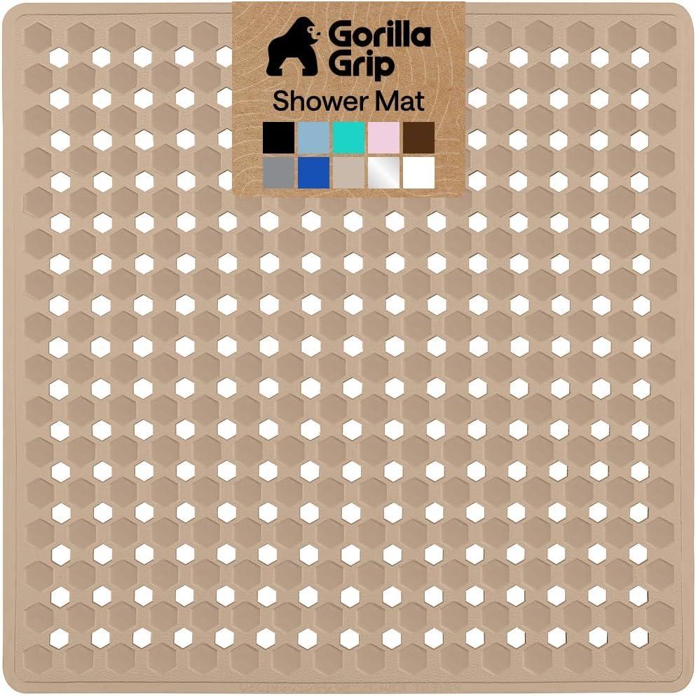 imageGORILLA GRIP Patented Square Shower Stall Mat Small Bathtub Floor Mats for Stand Up Showers with Suction Cups and Drainage Holes Machine Wash Soft on Feet Bathroom Accessories 21x21 Inch ClearBeige Opaque