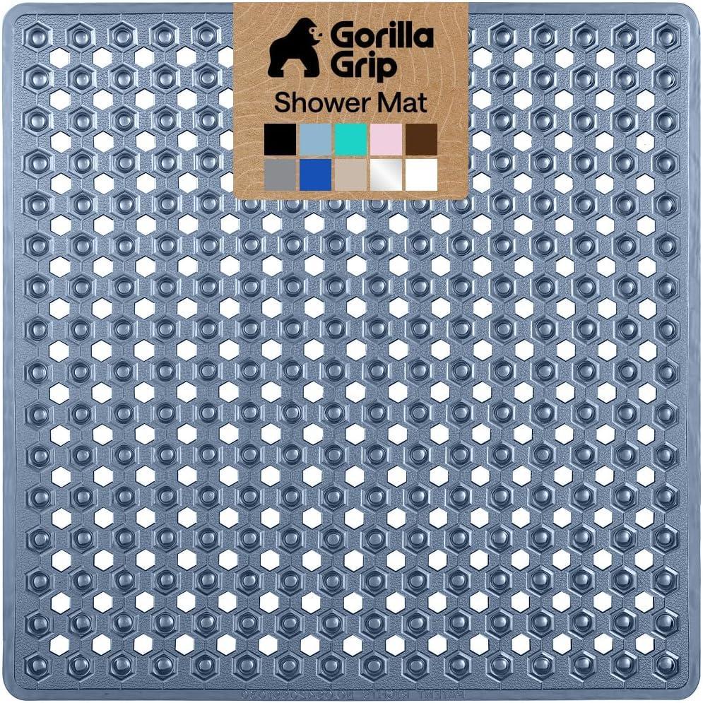 imageGORILLA GRIP Patented Square Shower Stall Mat Small Bathtub Floor Mats for Stand Up Showers with Suction Cups and Drainage Holes Machine Wash Soft on Feet Bathroom Accessories 21x21 Inch ClearNavy Translucent