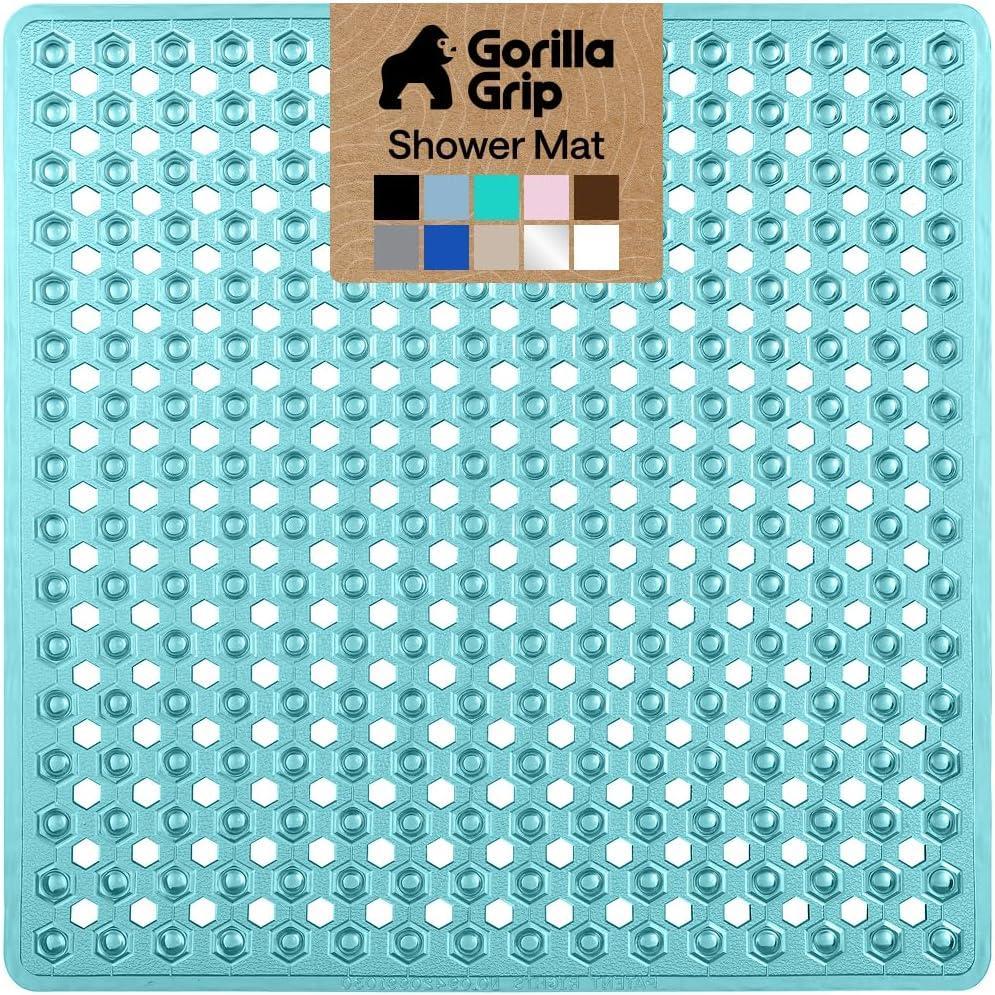 imageGORILLA GRIP Patented Square Shower Stall Mat Small Bathtub Floor Mats for Stand Up Showers with Suction Cups and Drainage Holes Machine Wash Soft on Feet Bathroom Accessories 21x21 Inch ClearTurquoise Translucent