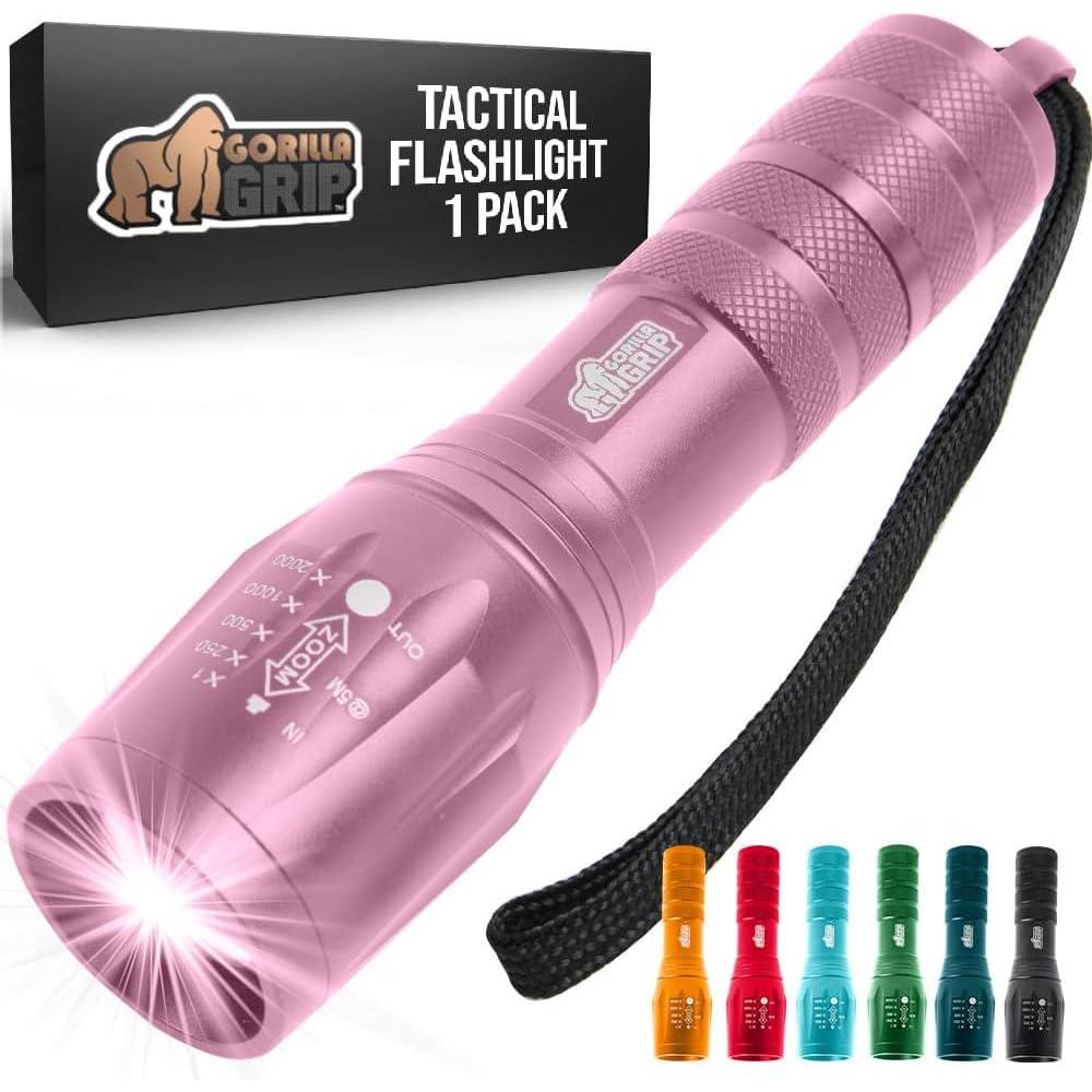 imageGORILLA GRIP Powerful LED Tactical Flashlight 750 FT High Lumens 5 Adjustable Modes Water Resistant Ultra Bright Zoom Flashlights Small Mini Flash Light Camping Night Dog Walking TurquoisePink