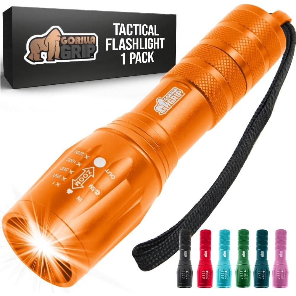 imageGORILLA GRIP Powerful LED Tactical Flashlight 750 FT High Lumens 5 Adjustable Modes Water Resistant Ultra Bright Zoom Flashlights Small Mini Flash Light Camping Night Dog Walking TurquoiseOrange