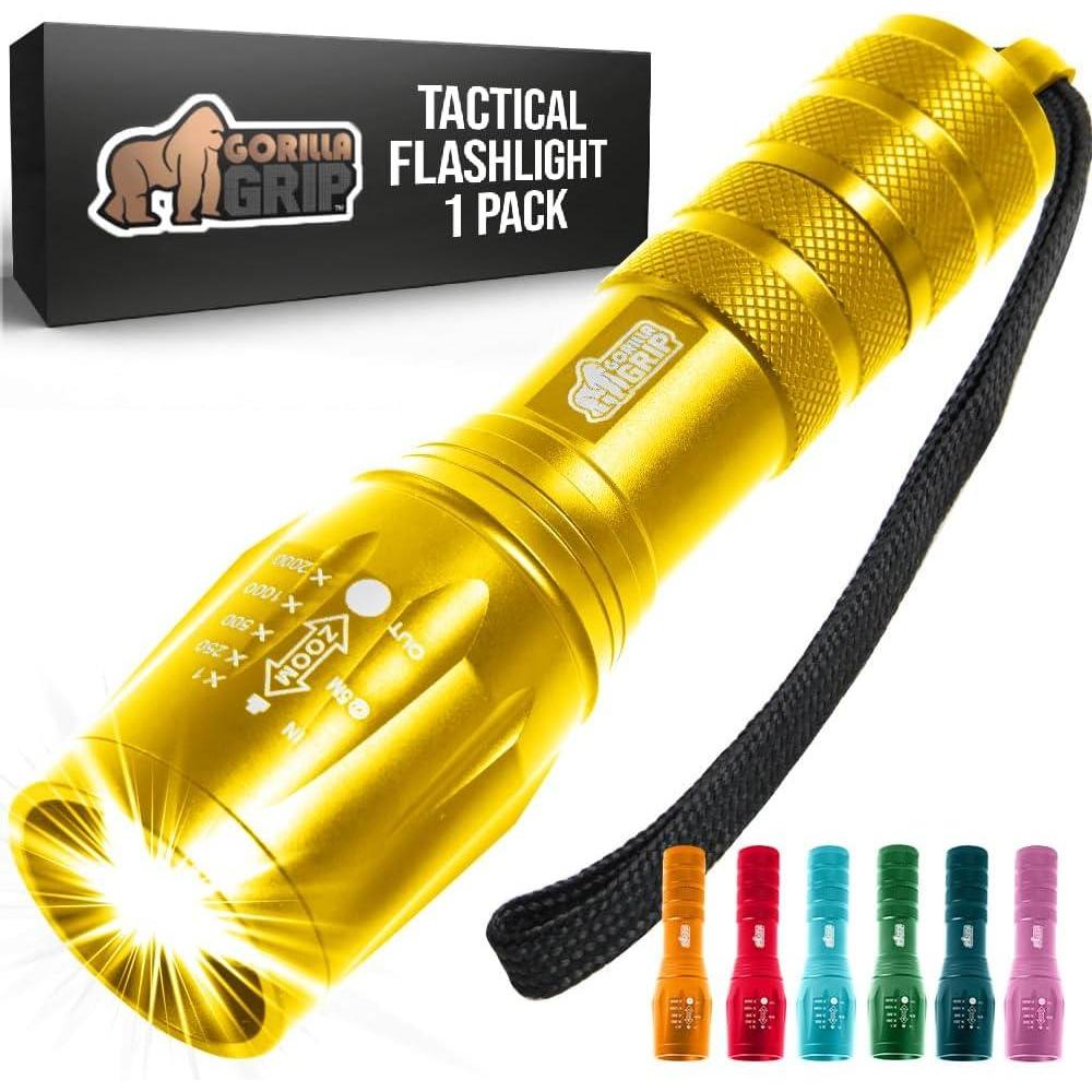 imageGORILLA GRIP Powerful LED Tactical Flashlight 750 FT High Lumens 5 Adjustable Modes Water Resistant Ultra Bright Zoom Flashlights Small Mini Flash Light Camping Night Dog Walking TurquoiseYellow Gold