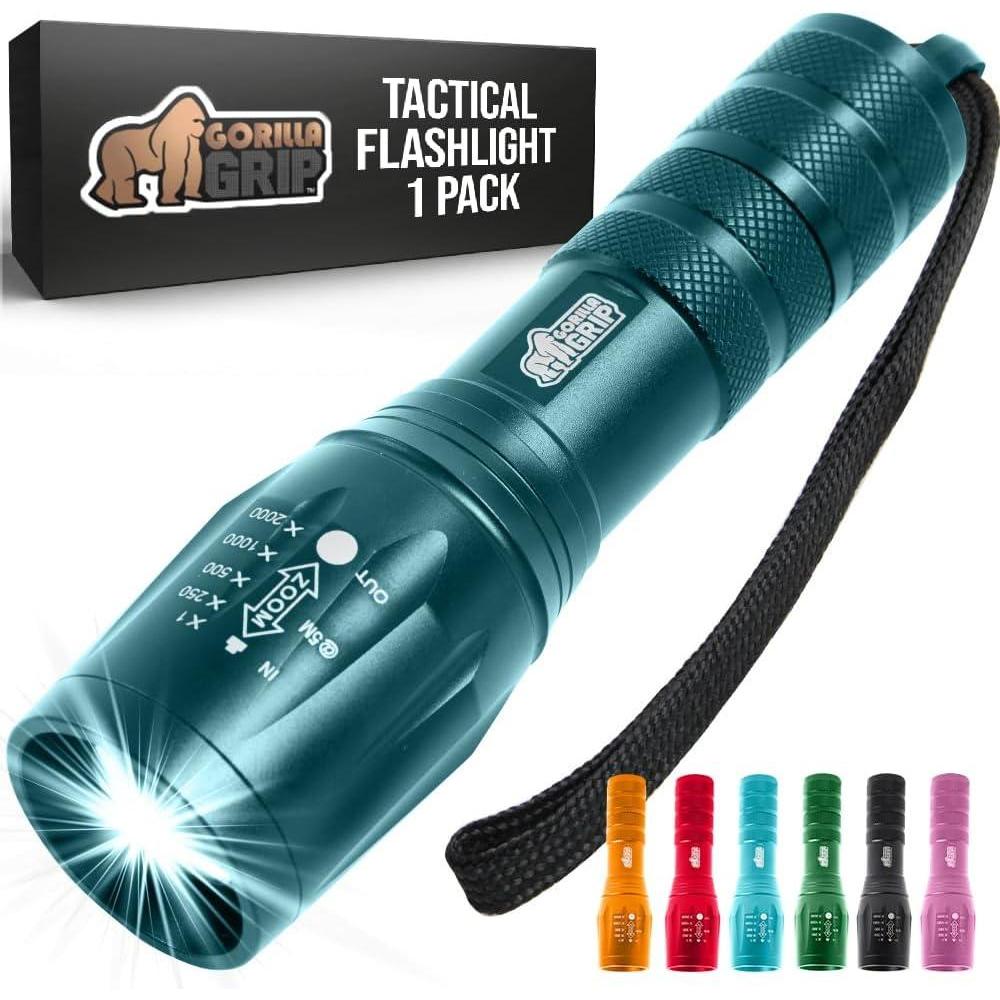imageGORILLA GRIP Powerful LED Tactical Flashlight 750 FT High Lumens 5 Adjustable Modes Water Resistant Ultra Bright Zoom Flashlights Small Mini Flash Light Camping Night Dog Walking TurquoiseTeal Blue
