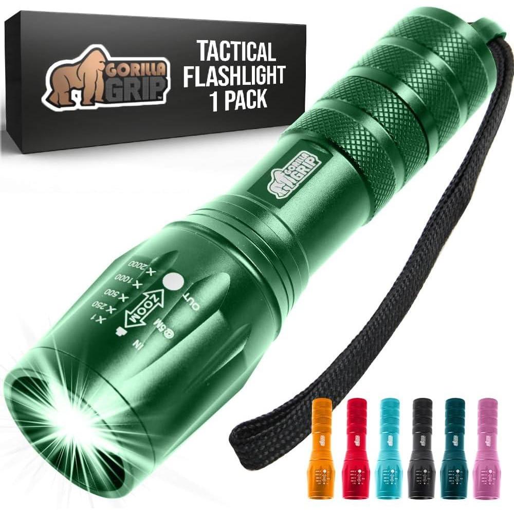 imageGORILLA GRIP Powerful LED Tactical Flashlight 750 FT High Lumens 5 Adjustable Modes Water Resistant Ultra Bright Zoom Flashlights Small Mini Flash Light Camping Night Dog Walking TurquoiseHunter Green